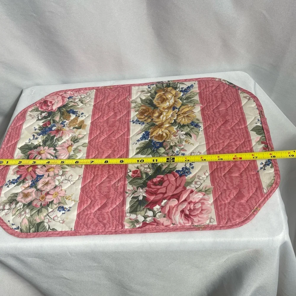 Set of 10 Quilted Floral Placemats Pink Rose Stripe Reversible Cottagecore